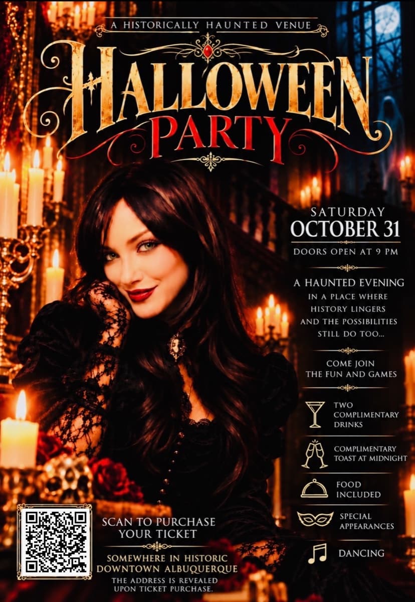 Halloween Party at a historically haunted venue. Saturday, October 31, doors open at 9 pm. A haunted evening in a place where history lingers. Two complimentary drinks, a complimentary toast at midnight, food included, special appearances and dancing. Somewhere in historic downtown Albuquerque; the address is revealed upon ticket purchase. Scan to purchase your ticket.
